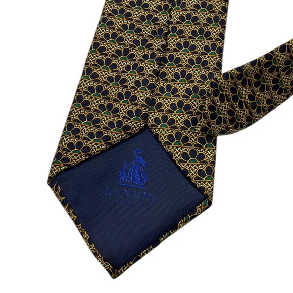LANVIN XL Black/Gold/Green Geometric Floral Silk LUXURY Tie FRANCE - Picture 4 of 4